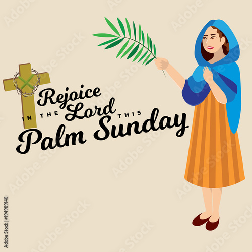 religion holiday palm sunday before easter, celebration of the entrance of Jesus into Jerusalem, happy people with palmtree leaves vector illustration, woman greetings Christ