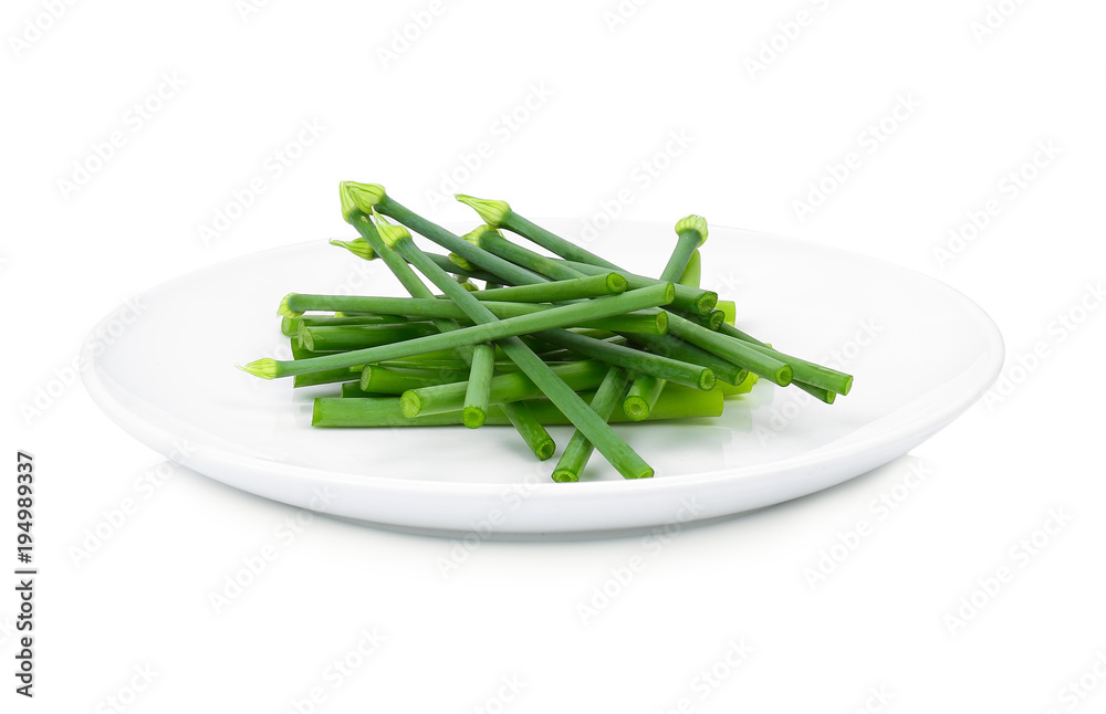 fresh Allium tuberosum in white plate isolated on white background fresh Allium tuberosum in white plate isolated on white background