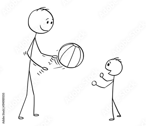Cartoon stick man drawing conceptual illustration of father or dad playing with son with inflatable beach ball.