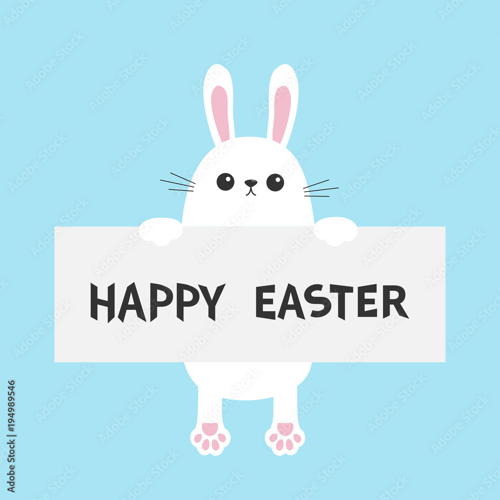 White bunny rabbit hanging on paper board template. Happy Easter. Paw print. Funny head face. Big ears. Cute cartoon character. Kawaii animal. Baby card. Pet collection. Flat design. Blue background White bunny rabbit hanging on paper board template. Happy Easter. Paw print. Funny head face. Big ears. Cute cartoon character. Kawaii animal. Baby card. Pet collection. Flat design. Blue background