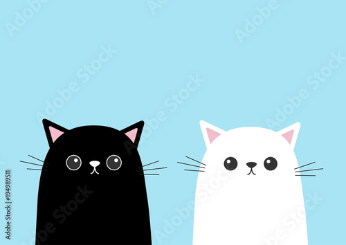 Black white cute cat kitten face set. Cartoon kitty character. Kawaii animal. Funny face with eyes, mustaches, nose, ears. Love Greeting card. Flat design. Blue background Isolated.