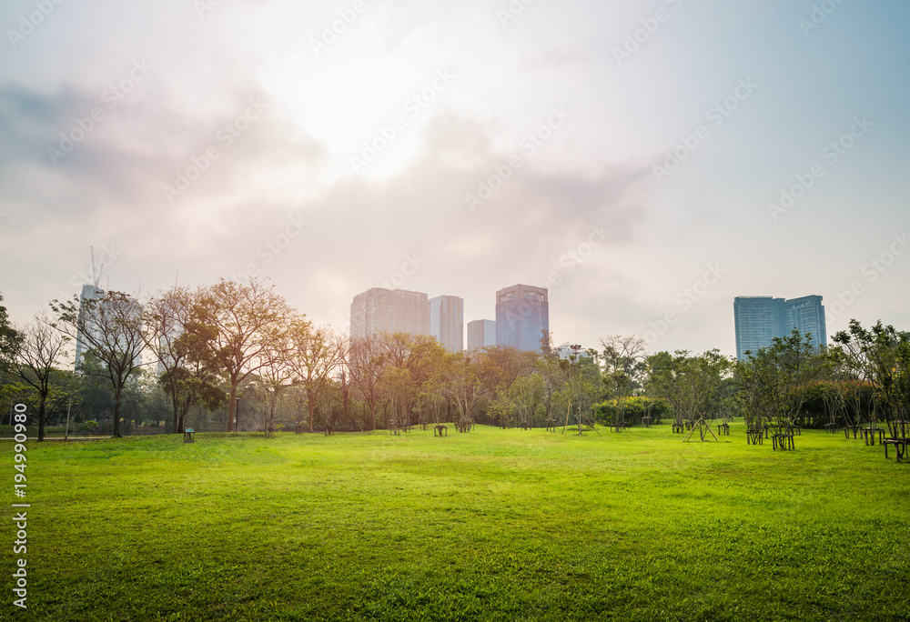 Green grass field with building in Public Park Green grass field with building in Public Park