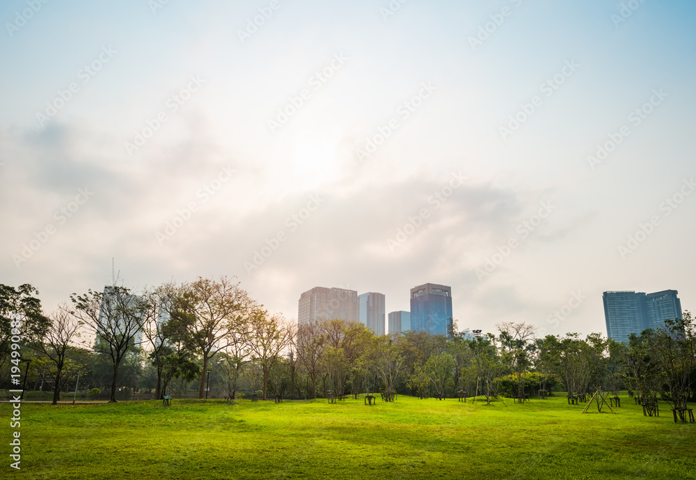 Green grass field with building in Public Park