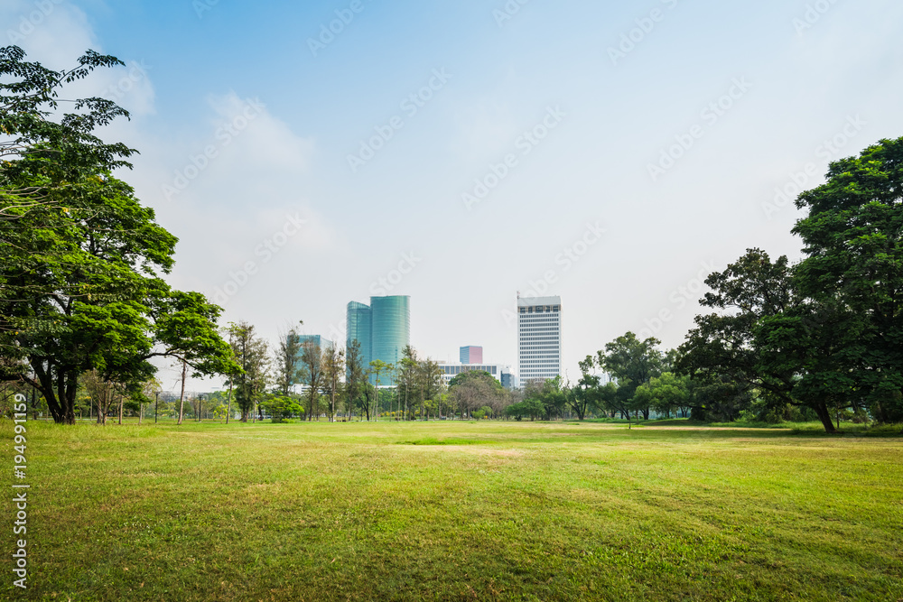 Green grass field with building in Public Park Green grass field with building in Public Park