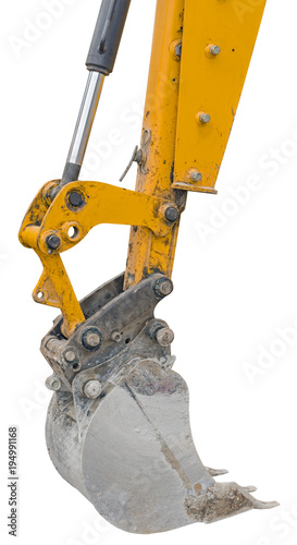 part of modern yellow excavator machines isolated on white