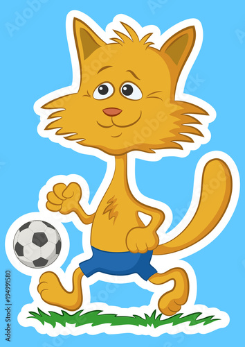Cartoon Red Cat, Funny Pet, Smiling and Walking with a Soccer Ball, Isolated on White and Blue Background. Vector
