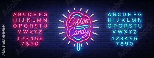 Cotton candy neon sign. Cotton candy logo in neon style symbol banner light, bright cotton candy night advertising, billboard. Design template. Vector illustration. Editing text neon sign
