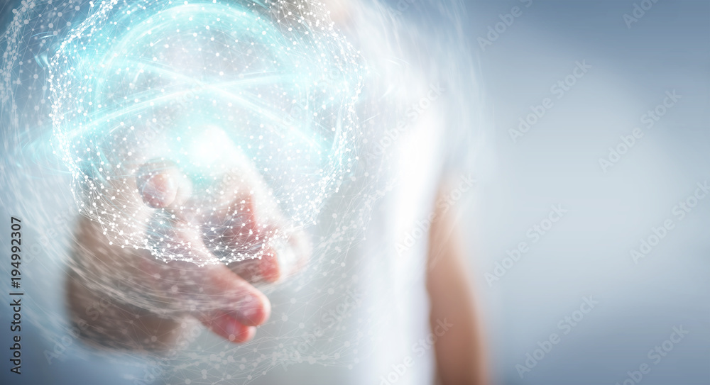 Businessman using digital network connection sphere 3D rendering