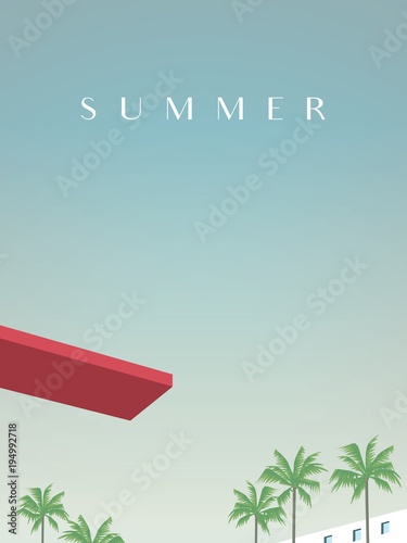 Summer retro vintage poster vector template with jumping board over swimming pool and palm trees in tourist, vacation resort. Promotion of summer holiday, recreation.