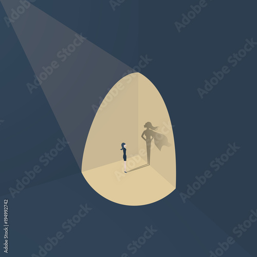 Businesswoman with superhero shadow vector concept. Business symbol of emancipation, ambition, success, motivation, leadership, courage and challenge.