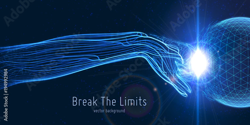 Vector illustration of wired hand crushing polygonal sphere. Concept of breaking the limits, fight with problems. Digital cyber sense fight.