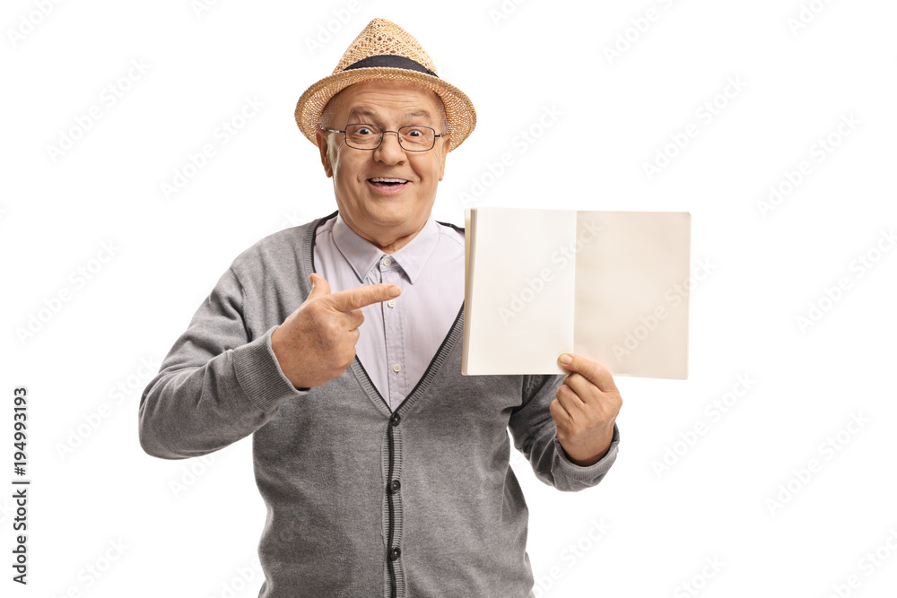 Mature man holding a blank notebook and pointing Mature man holding a blank notebook and pointing