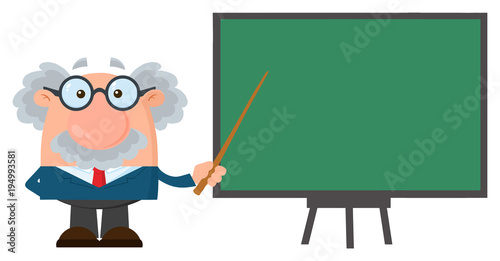 Professor Or Scientist Cartoon Character With Pointer Presenting On A Board. Illustration Flat Design Isolated On White Background