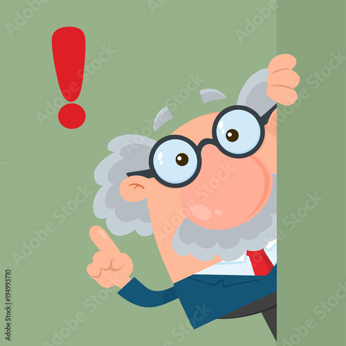 Professor Or Scientist Cartoon Character Looking Around Corner With Advice. Illustration Flat Design With Background