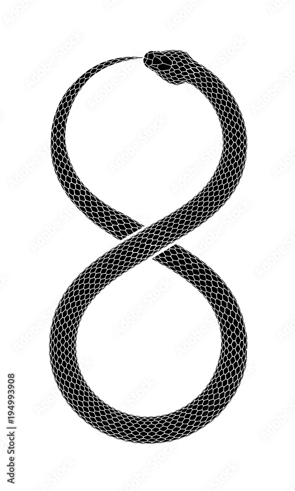 Naklejka premium Projekt tatuażu wektorowego Węża zjada swój własny ogon w postaci znaku nieskończoności.