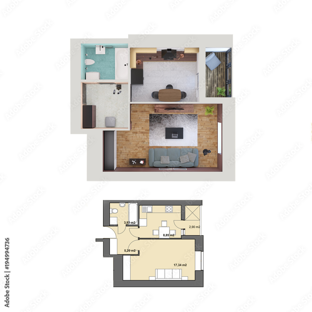 3d render plan and layout of a modern one bedroom apartment, top view 3d render plan and layout of a modern one bedroom apartment, top view
