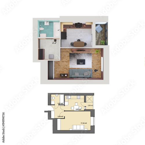 3d render plan and layout of a modern one bedroom apartment, top view