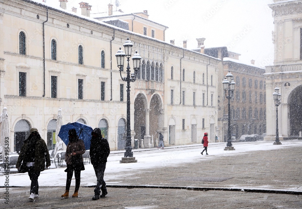 Obraz premium Three young men walk in the snowfall. 