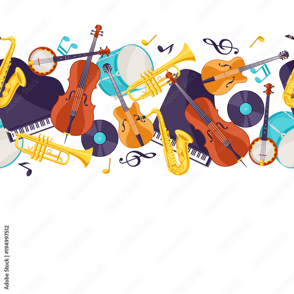 Fototapeta premium Jazz music seamless pattern with musical instruments