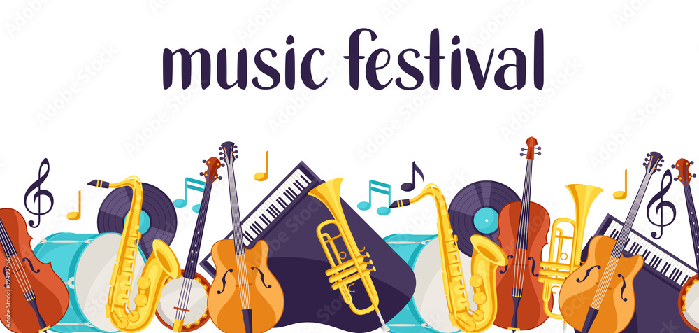 Fototapeta premium Jazz music festival banner with musical instruments