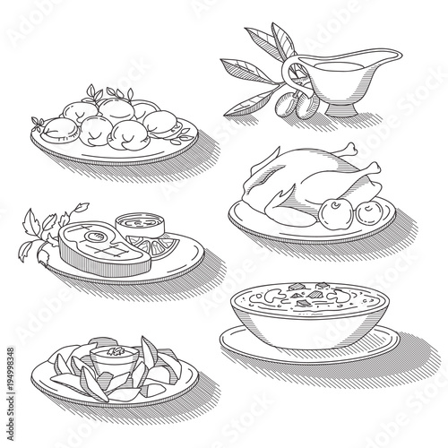 Linear graphic sketch of dishes set. Retro vintage style food design. Hand drawn style food elements for menu, restaurant, cafe