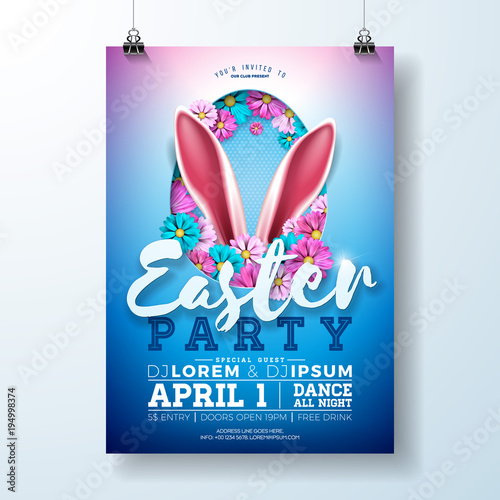 Vector Easter Party Flyer Illustration with rabbit ears, flowers and typography elements on blue background. Spring holiday celebration poster design template.