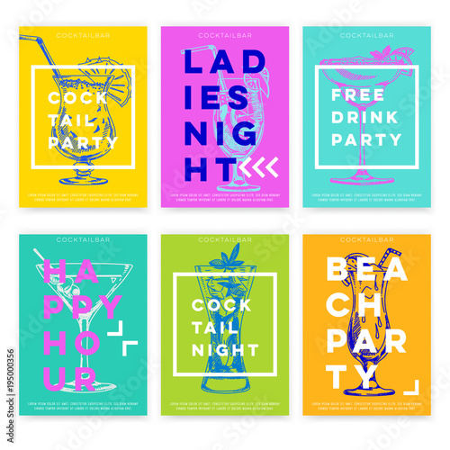 Beautiful vector hand drawn Cocktail bar card set.