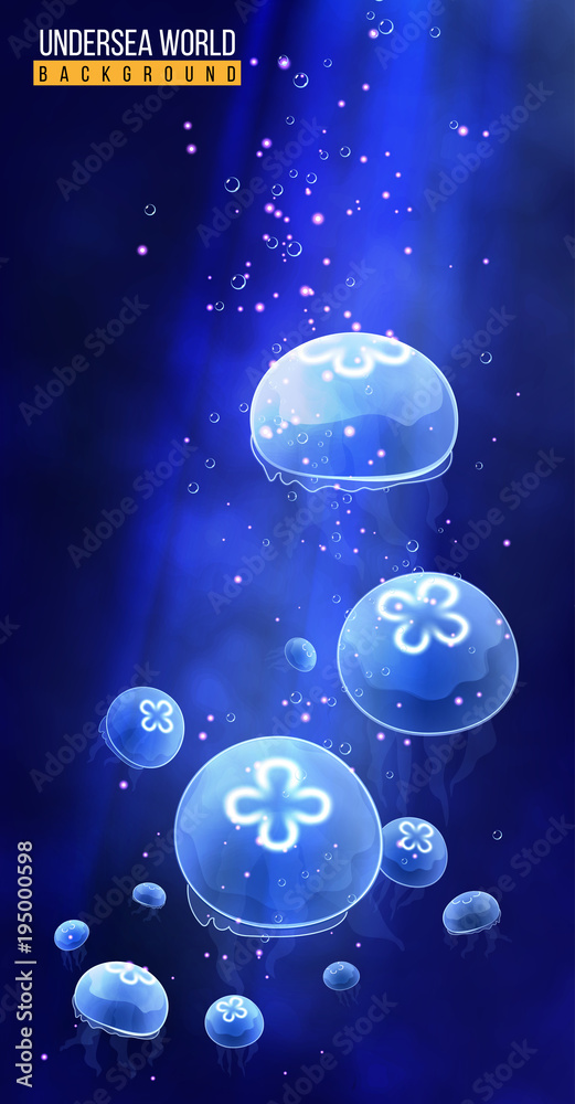 Magic glowing jellyfish underwater. Transparent glowing blue medusa. Undersea world