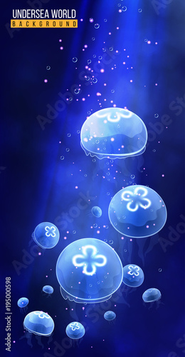 Magic glowing jellyfish underwater. Transparent glowing blue medusa. Undersea world