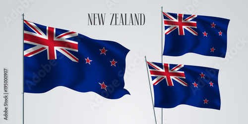 New Zealand waving flag set of vector illustration