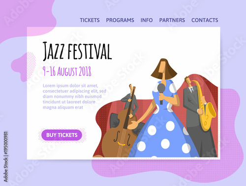 Jazz music festival, trio performs at the concert. Vector illutration, design template of music site header, banner or poster.