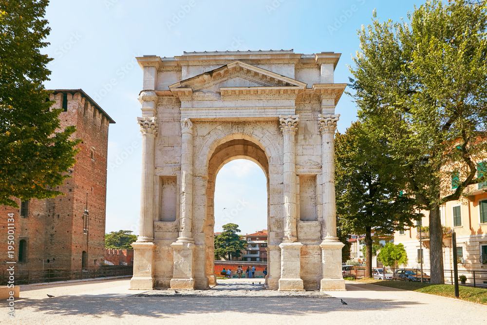 VERONA, ITALY - AUGUST 17, 2017: The Arch of Gavi is an ancient Roman triumphal arch in the city of Verona.