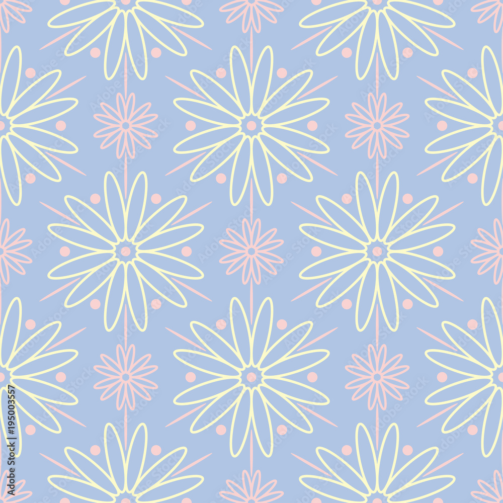 Floral seamless pattern. Pale blue background with beige and pink flower elements Floral seamless pattern. Pale blue background with beige and pink flower elements