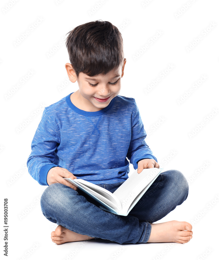 Cute little boy reading book on white background Cute little boy reading book on white background