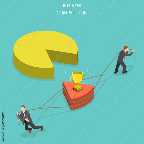 Business competition flat isometric vector concept. Two businessmen are trying to take a possession by a part of the pie chart by pulling it to its own side.