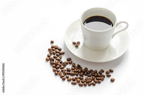Black coffee with light glow and coffee beans isolated