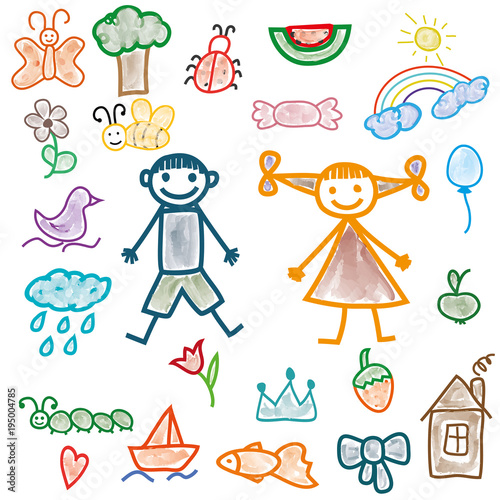 Set of cheerful cute children's drawings of animals, plants, objects