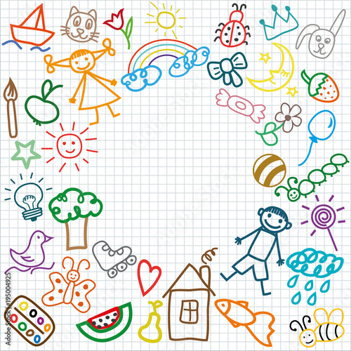 Set of cheerful cute children's drawings of animals, plants, objects on a notebook with a place for text