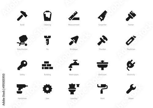Set of black solid construction icons isolated on light background. Contains such icons Fix, Build, Lavatory, Repair and more.