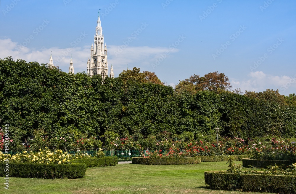 Vienna, Austria - July 27, 2014: Volksgarten or People Garden park of Hofburg Palace in Vienna, in Austria.