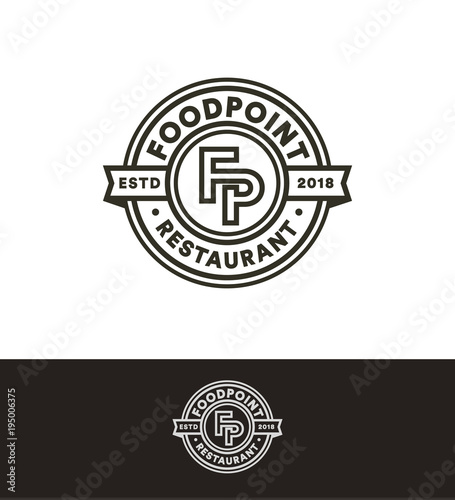 Retro vector stamp, circle logo template, black line art monogram. Fast food restaurant, cafe, bar logotype.