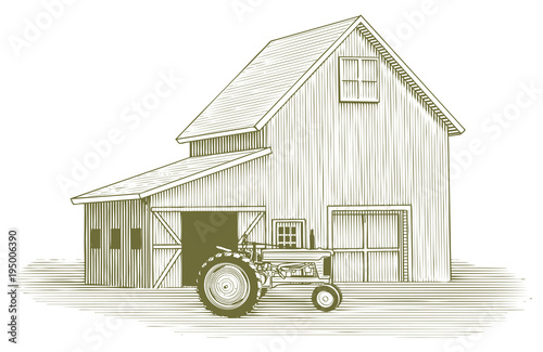 Woodcut Tractor and Barn