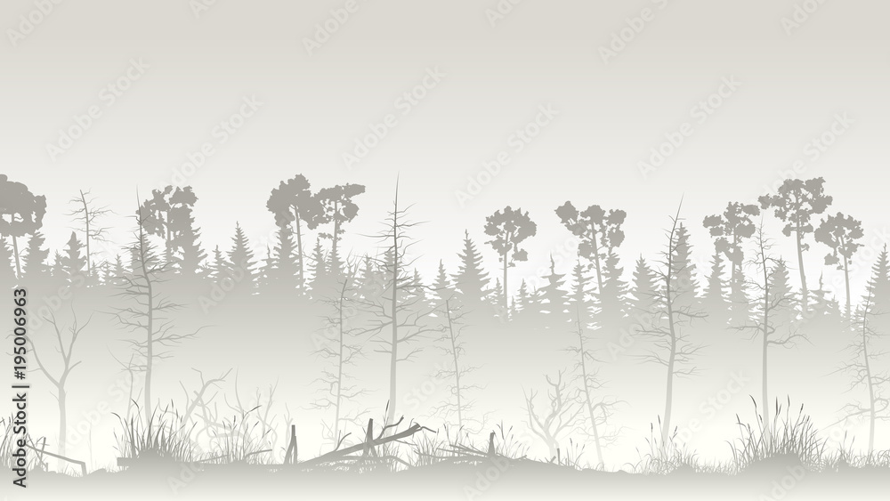 Naklejka premium Illustration of forest with grass swamp and deadwood.