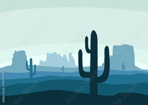 Desert landscape with cactus, hills and mountains silhouettes. Nature background of a mountain landscape. Extreme tourism and travelling. Vector illustration
