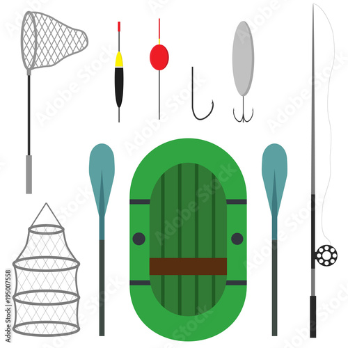 Differeent fishing equipment icons isolated on white background. Fishing boat, equipment, landing net and spinning. Vector illustration