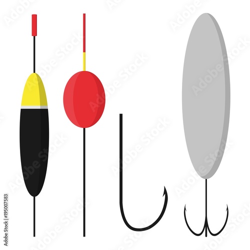 Set bobbers and hooks isolated on white background. Fishing accessories in flat style. Vector illustration