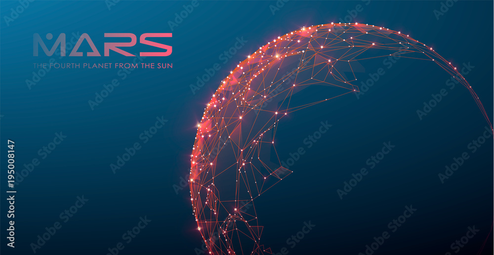 Mars - the fourth planet from the sun, polygonal design, futuristic space or data and technology concept, 3d vector illustration with virtual reality effect, abstract tech background.