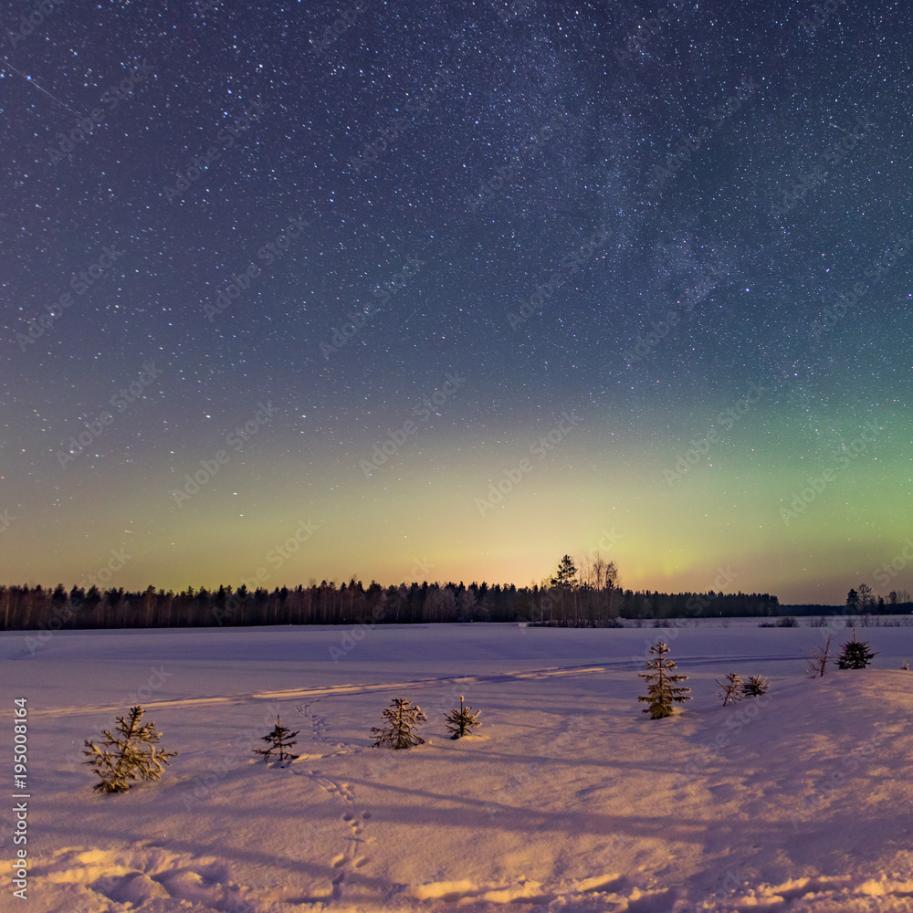 Naklejka premium Night sky, stars, Milkyway and Northern lights