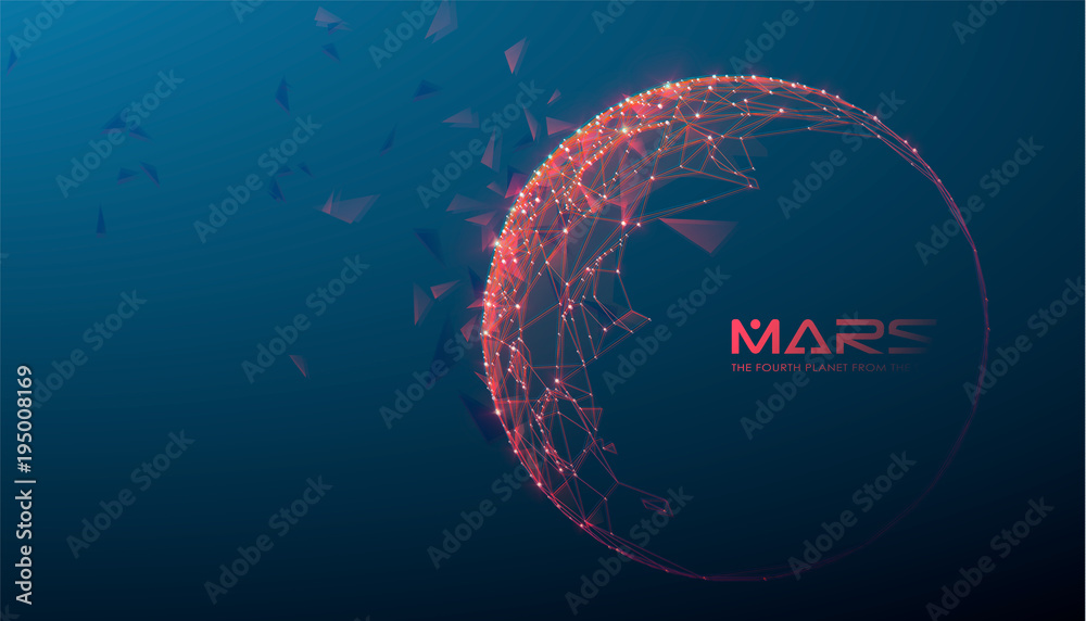 Mars - the fourth planet from the sun, polygonal design, futuristic space or data and technology concept, 3d vector illustration with virtual reality effect, abstract tech background. - obrazy, fototapety, plakaty 