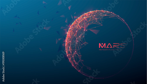 Mars - the fourth planet from the sun, polygonal design, futuristic space or data and technology concept, 3d vector illustration with virtual reality effect, abstract tech background.